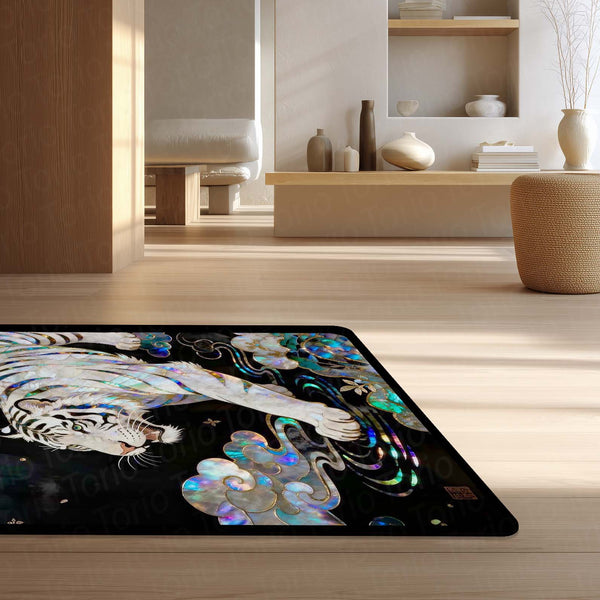 White Tiger Luxury Area Rug with Iridescent Pearl Art | Premium Aesthetic Animal Floor Mat | Modern Designer Rug for Living Room, Bedroom, Gaming Setup & Home Decor