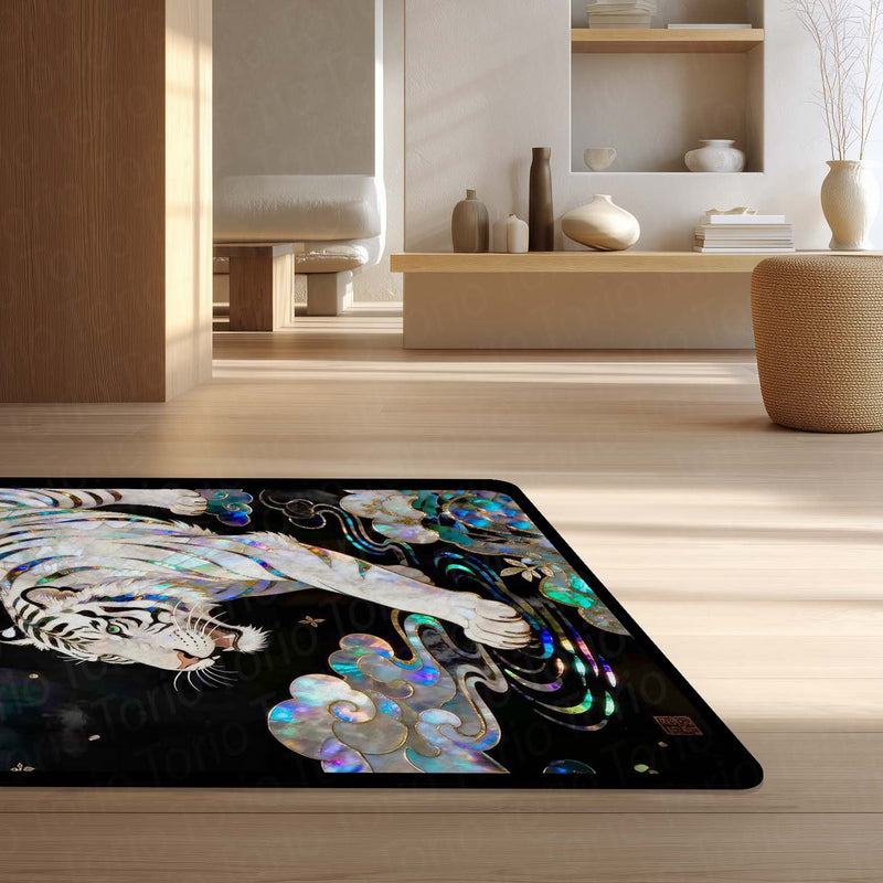White Tiger Luxury Area Rug with Iridescent Pearl Art | Premium Aesthetic Animal Floor Mat | Modern Designer Rug for Living Room, Bedroom, Gaming Setup & Home Decor