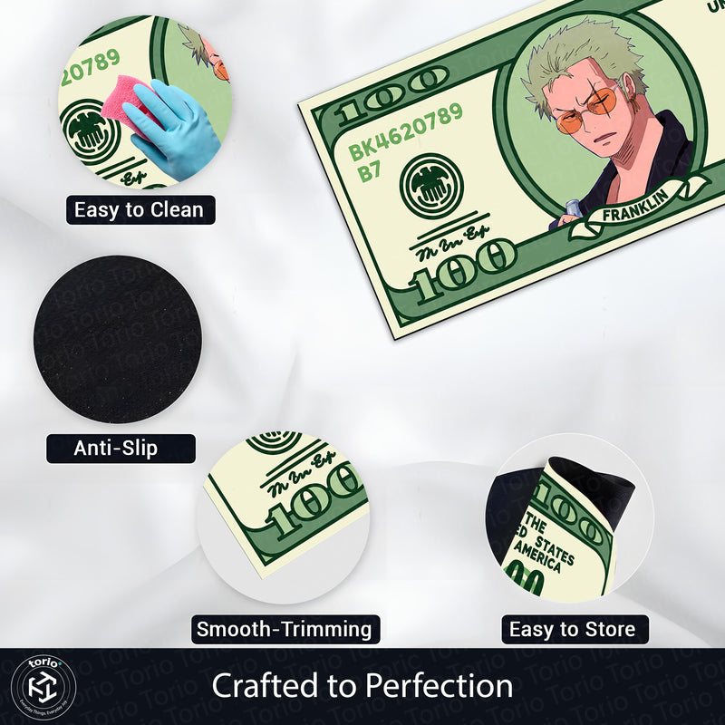 Roronoa Zoro Money Note Flat Rug | One Piece Anime Dollar Bill Inspired Bedroom Rug for Gaming Room & Otaku Decor