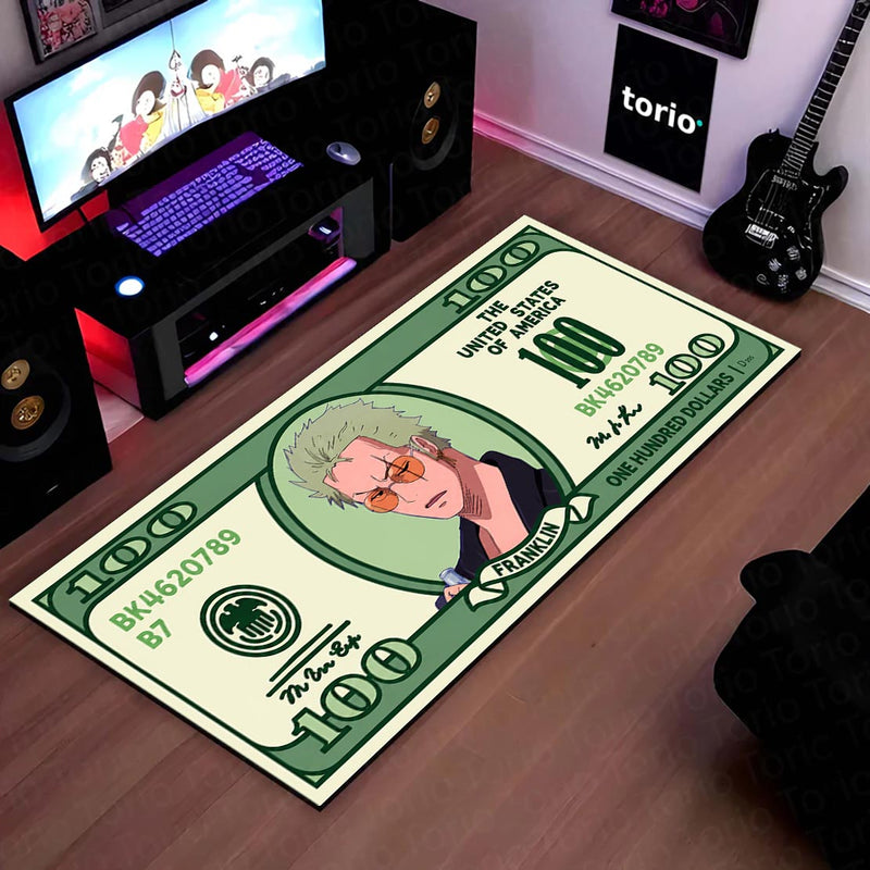 Roronoa Zoro Money Note Flat Rug | One Piece Anime Dollar Bill Inspired Bedroom Rug for Gaming Room & Otaku Decor