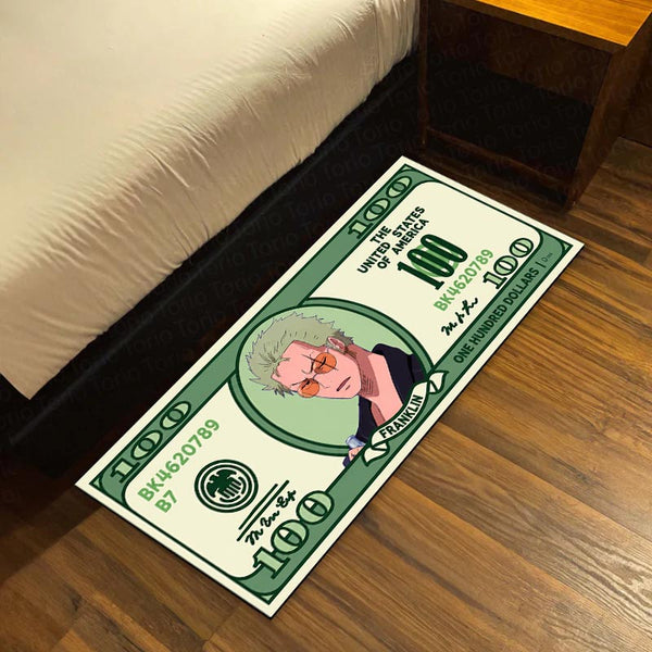 Roronoa Zoro Money Note Flat Rug | One Piece Anime Dollar Bill Inspired Bedroom Rug for Gaming Room & Otaku Decor